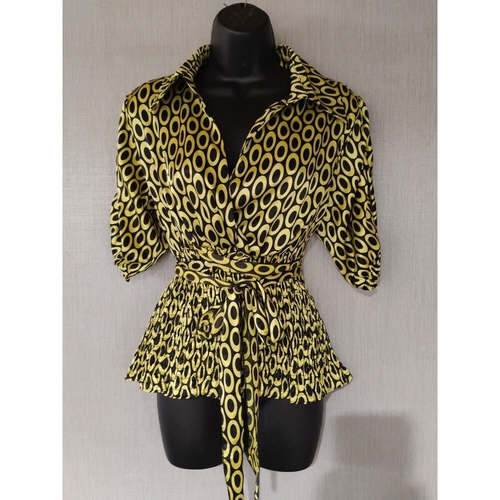 Hannah Jones New York Tie Wrap Satin Blouse Top Large Yellow/Black